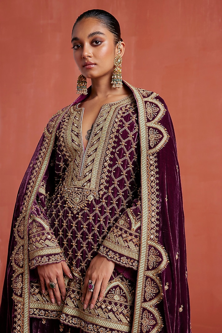 Wine Silk Velvet Zardosi Hand Work Kurta Set by Sureena Chowdhri at Pernia's Pop Up Shop