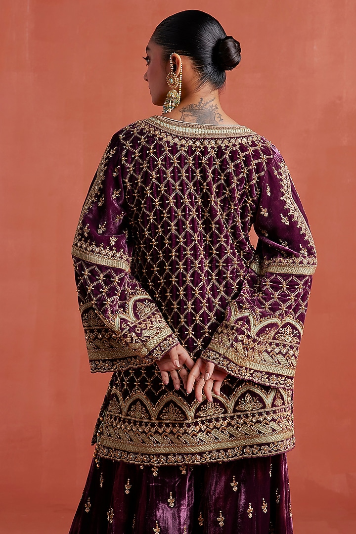 Wine Silk Velvet Zardosi Hand Work Kurta Set by Sureena Chowdhri at Pernia's Pop Up Shop