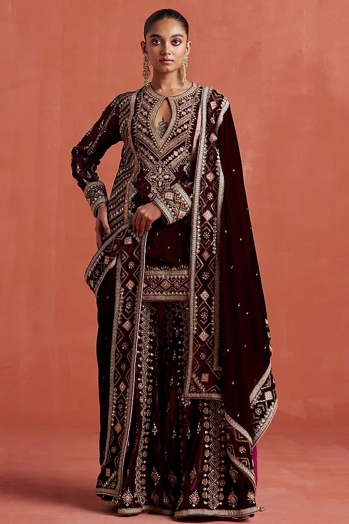 Mulberry Silk Velvet Gharara Set by Sureena Chowdhri