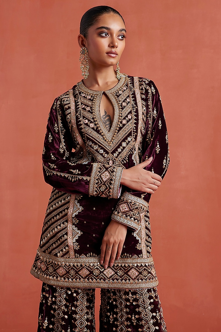 Mulberry Silk Velvet Gharara Set by Sureena Chowdhri at Pernia's Pop Up Shop