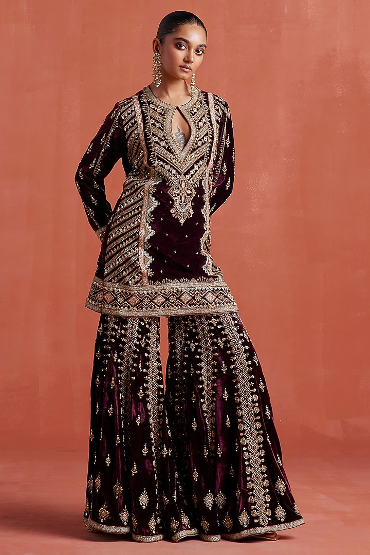 Mulberry Silk Velvet Gharara Set by Sureena Chowdhri at Pernia's Pop Up Shop