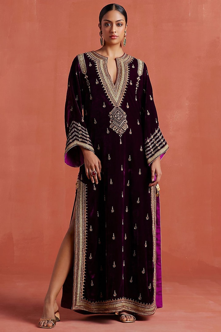 Plum Silk Velvet Motif Embroidered Kaftan by Sureena Chowdhri