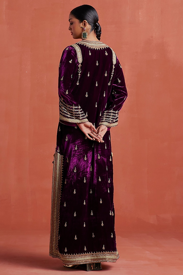 Plum Silk Velvet Motif Embroidered Kaftan by Sureena Chowdhri at Pernia's Pop Up Shop