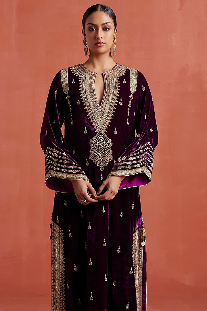 Plum Silk Velvet Motif Embroidered Kaftan by Sureena Chowdhri at Pernia's Pop Up Shop