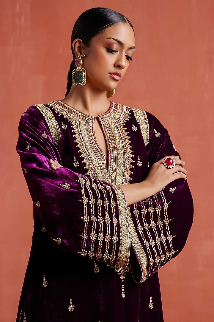 Plum Silk Velvet Motif Embroidered Kaftan by Sureena Chowdhri at Pernia's Pop Up Shop