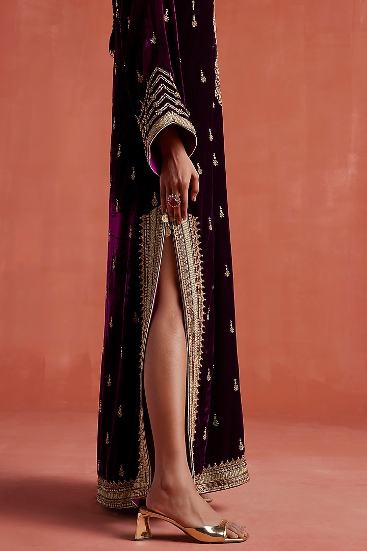Plum Silk Velvet Motif Embroidered Kaftan by Sureena Chowdhri at Pernia's Pop Up Shop