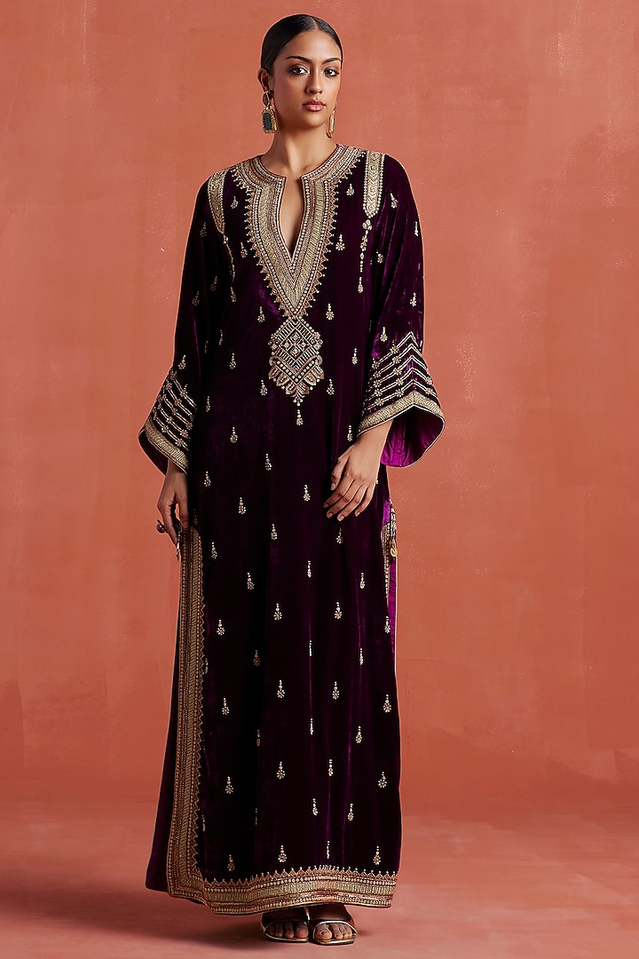 Plum Silk Velvet Motif Embroidered Kaftan by Sureena Chowdhri at Pernia's Pop Up Shop