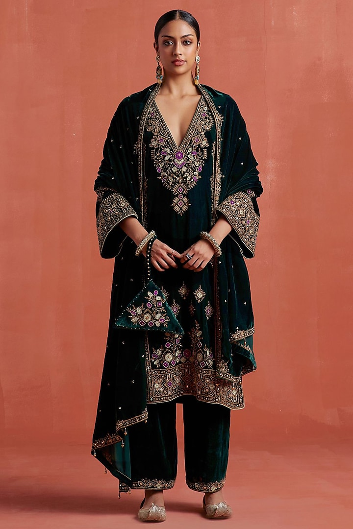 Bottle Green Silk Velvet Zardosi Hand Embroidered Kurta Set by Sureena Chowdhri at Pernia's Pop Up Shop