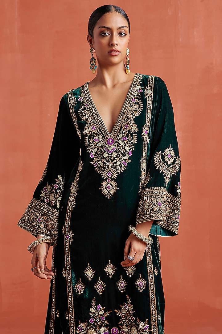 Bottle Green Silk Velvet Zardosi Hand Embroidered Kurta Set by Sureena Chowdhri at Pernia's Pop Up Shop