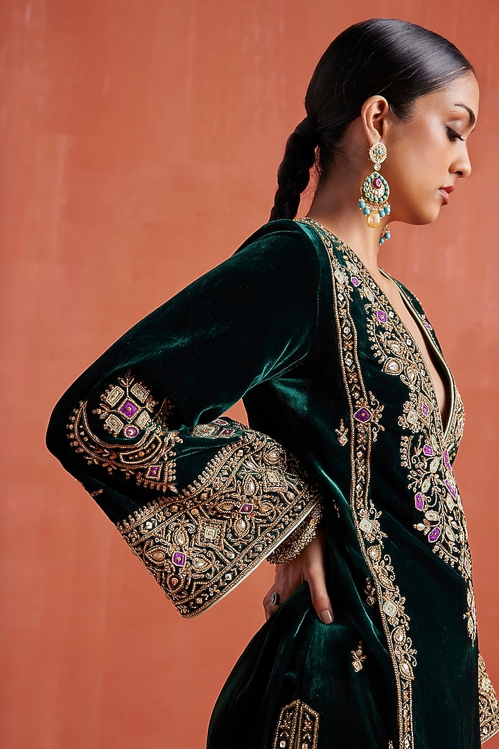 Bottle Green Silk Velvet Zardosi Hand Embroidered Kurta Set by Sureena Chowdhri at Pernia's Pop Up Shop