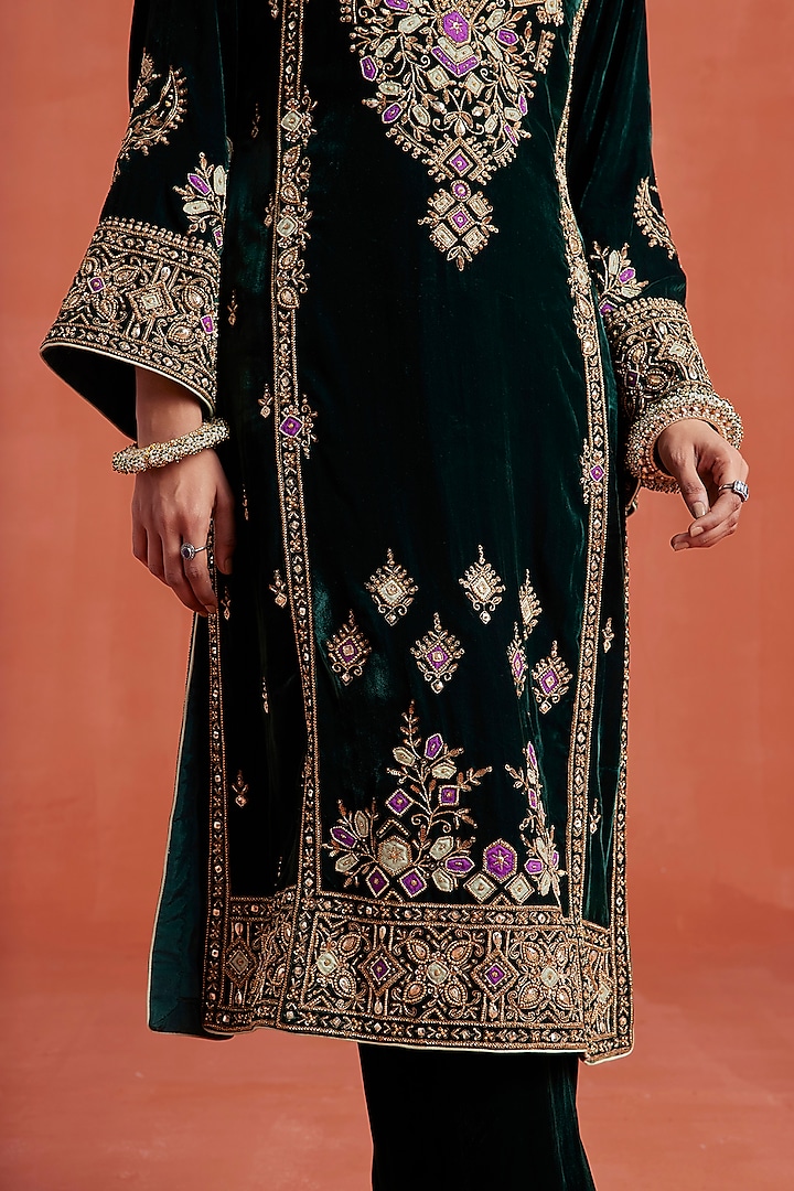 Bottle Green Silk Velvet Zardosi Hand Embroidered Kurta Set by Sureena Chowdhri at Pernia's Pop Up Shop