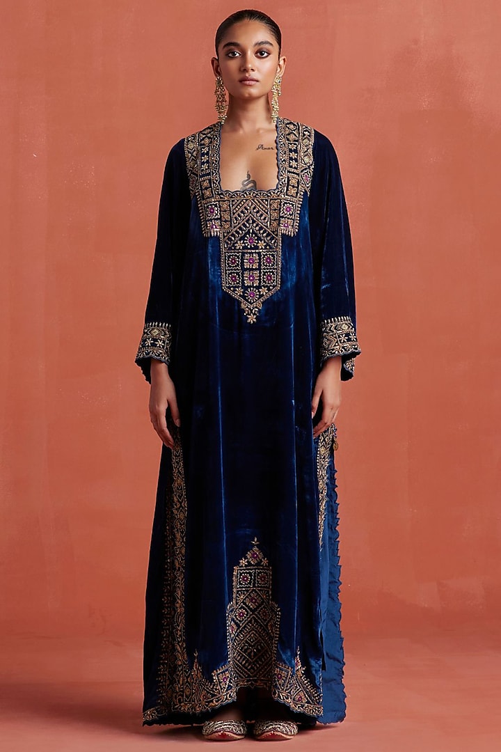 Peacock Blue Silk Velvet Cutwork Kaftan by Sureena Chowdhri at Pernia's Pop Up Shop