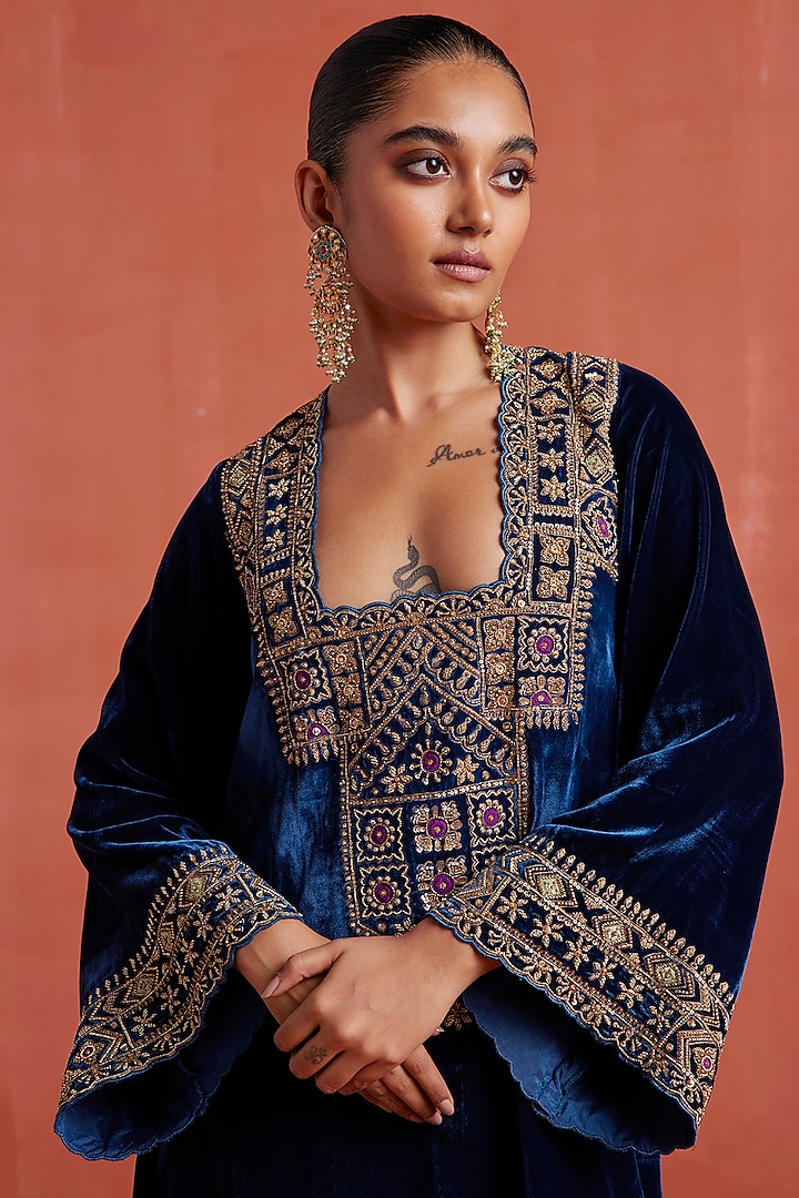 Peacock Blue Silk Velvet Cutwork Kaftan by Sureena Chowdhri at Pernia's Pop Up Shop