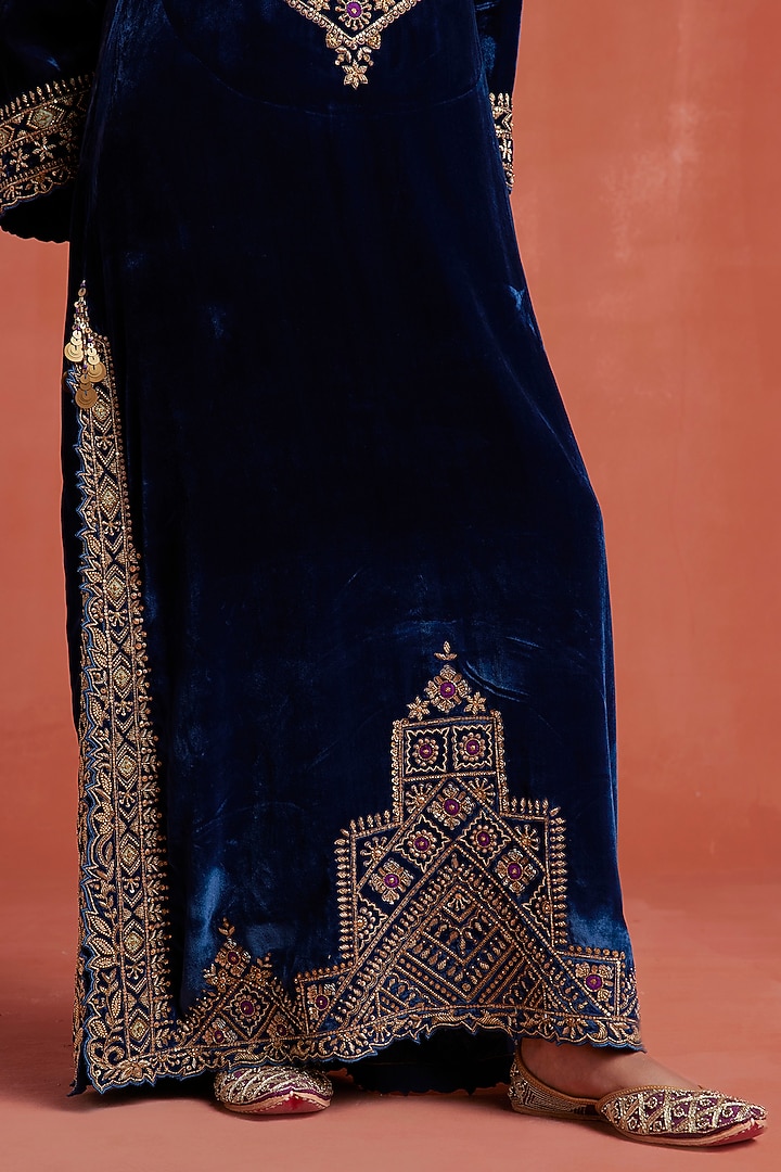 Peacock Blue Silk Velvet Cutwork Kaftan by Sureena Chowdhri at Pernia's Pop Up Shop