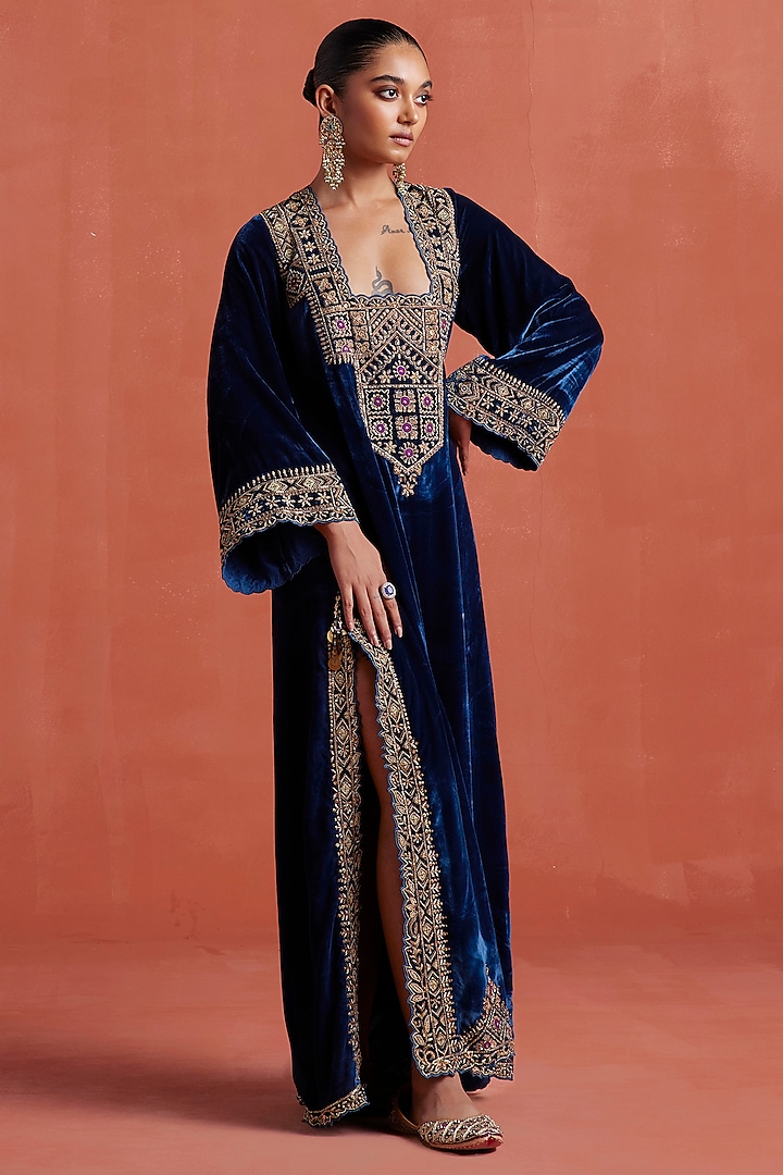 Peacock Blue Silk Velvet Cutwork Kaftan by Sureena Chowdhri at Pernia's Pop Up Shop