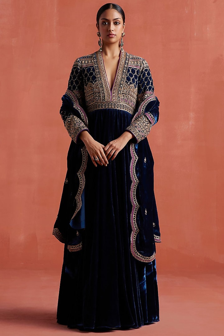 Peacock Blue Silk Velvet Aari & Zardosi Work Anarkali Set by Sureena Chowdhri