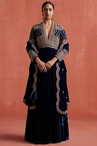 Peacock Blue Silk Velvet Aari & Zardosi Work Anarkali Set by Sureena Chowdhri