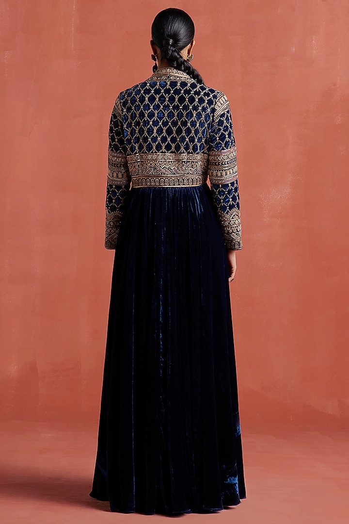 Peacock Blue Silk Velvet Aari & Zardosi Work Wedding Anarkali Set by Sureena Chowdhri at Pernia's Pop Up Shop