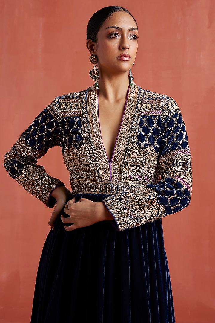 Peacock Blue Silk Velvet Aari & Zardosi Work Wedding Anarkali Set by Sureena Chowdhri at Pernia's Pop Up Shop