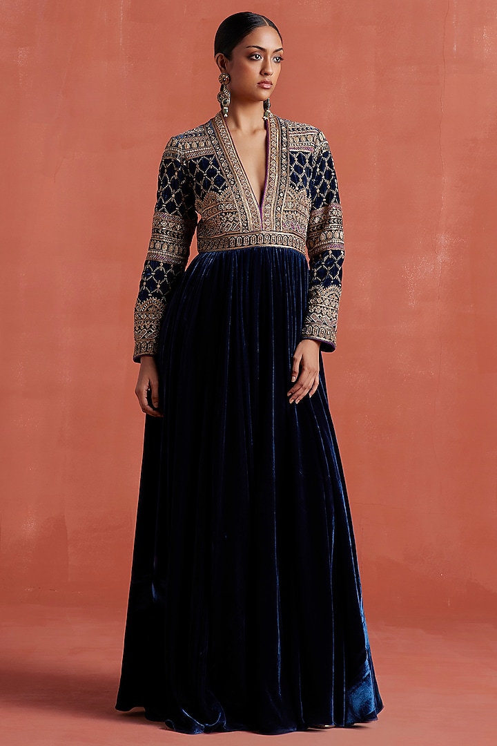 Peacock Blue Silk Velvet Aari & Zardosi Work Wedding Anarkali Set by Sureena Chowdhri at Pernia's Pop Up Shop