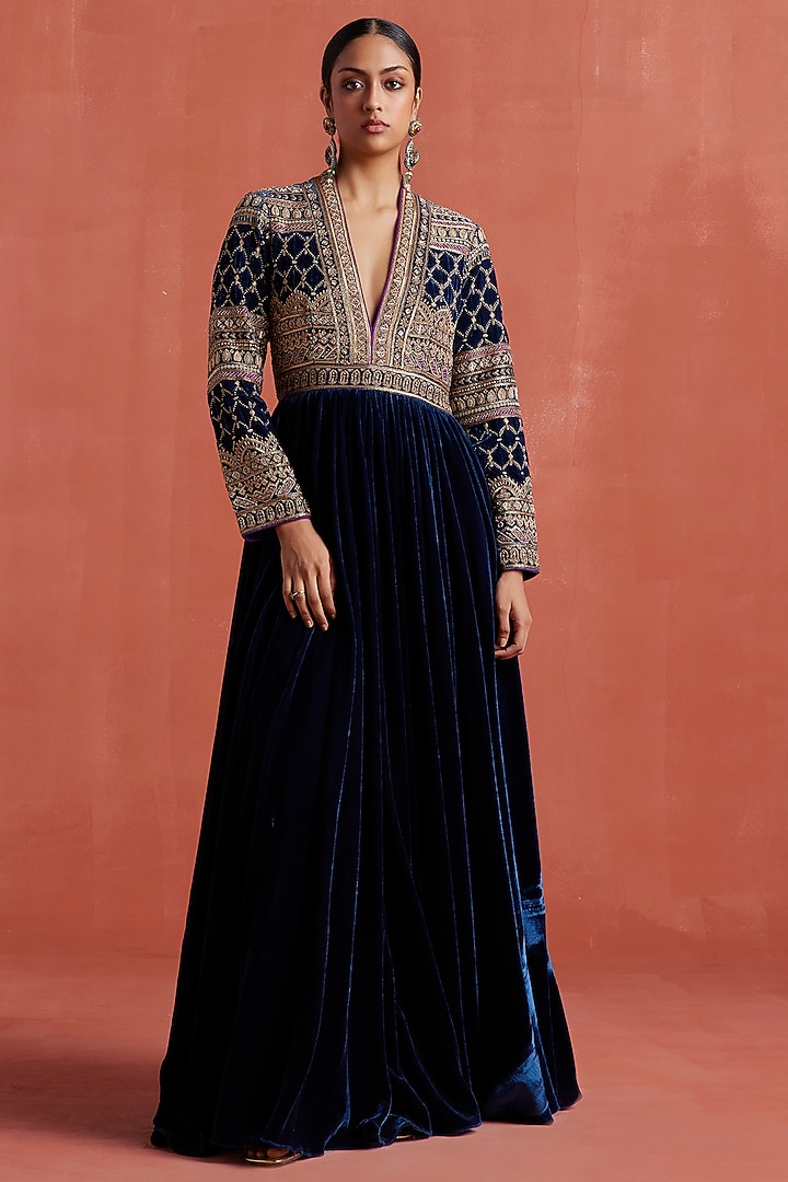 Peacock Blue Silk Velvet Aari & Zardosi Work Wedding Anarkali Set by Sureena Chowdhri at Pernia's Pop Up Shop