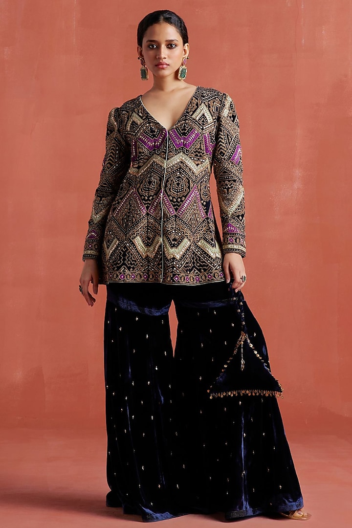 Navy Blue Silk Velvet Hand Embroidered Jacket Set by Sureena Chowdhri at Pernia's Pop Up Shop