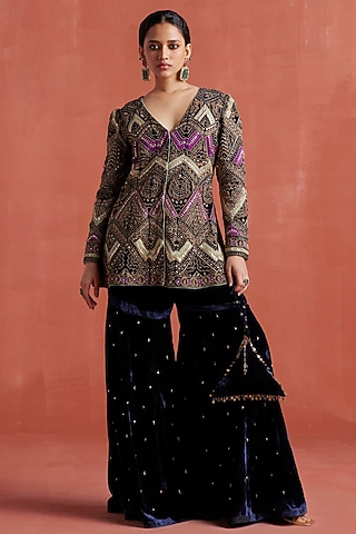 Navy Blue Silk Velvet Hand Embroidered Jacket Set by Sureena Chowdhri