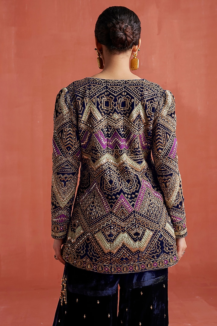 Navy Blue Silk Velvet Hand Embroidered Jacket Set by Sureena Chowdhri at Pernia's Pop Up Shop