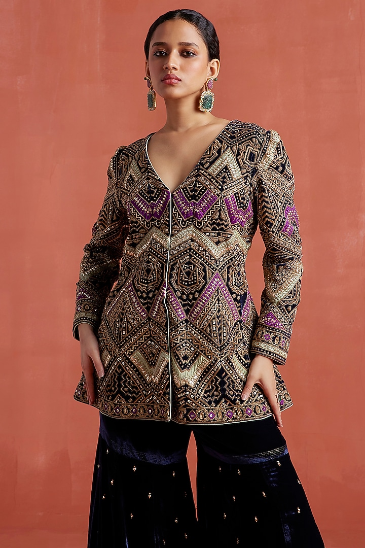 Navy Blue Silk Velvet Hand Embroidered Jacket Set by Sureena Chowdhri at Pernia's Pop Up Shop