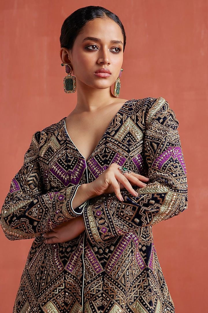 Navy Blue Silk Velvet Hand Embroidered Jacket Set by Sureena Chowdhri at Pernia's Pop Up Shop