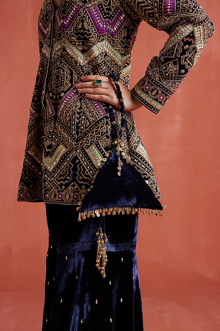 Navy Blue Silk Velvet Hand Embroidered Jacket Set by Sureena Chowdhri at Pernia's Pop Up Shop