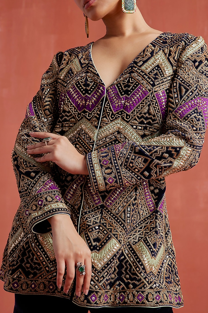 Navy Blue Silk Velvet Hand Embroidered Jacket Set by Sureena Chowdhri at Pernia's Pop Up Shop