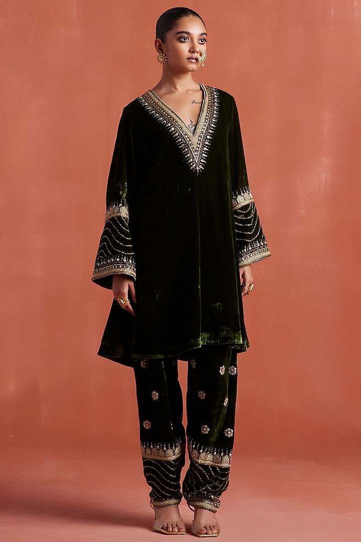 Dark Mehendi Green Silk Velvet Handwork A-Line Kurta Set by Sureena Chowdhri at Pernia's Pop Up Shop