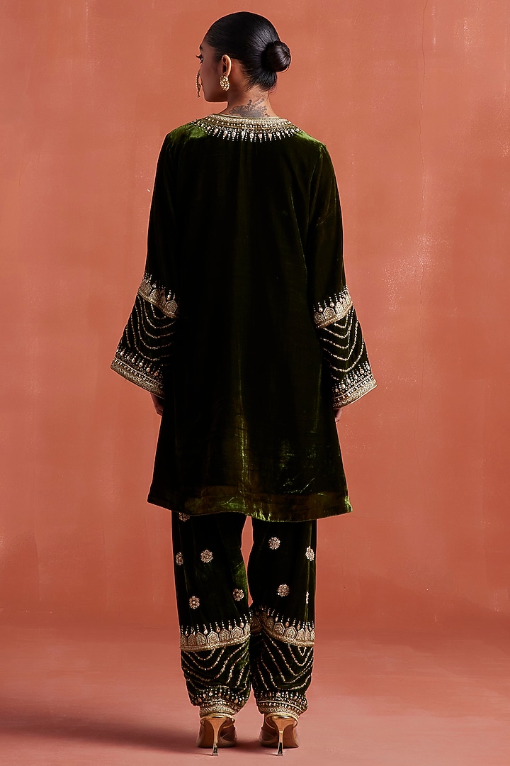Dark Mehendi Green Silk Velvet Handwork A-Line Kurta Set by Sureena Chowdhri at Pernia's Pop Up Shop