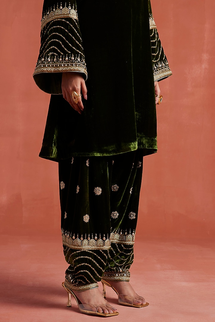 Dark Mehendi Green Silk Velvet Handwork A-Line Kurta Set by Sureena Chowdhri at Pernia's Pop Up Shop
