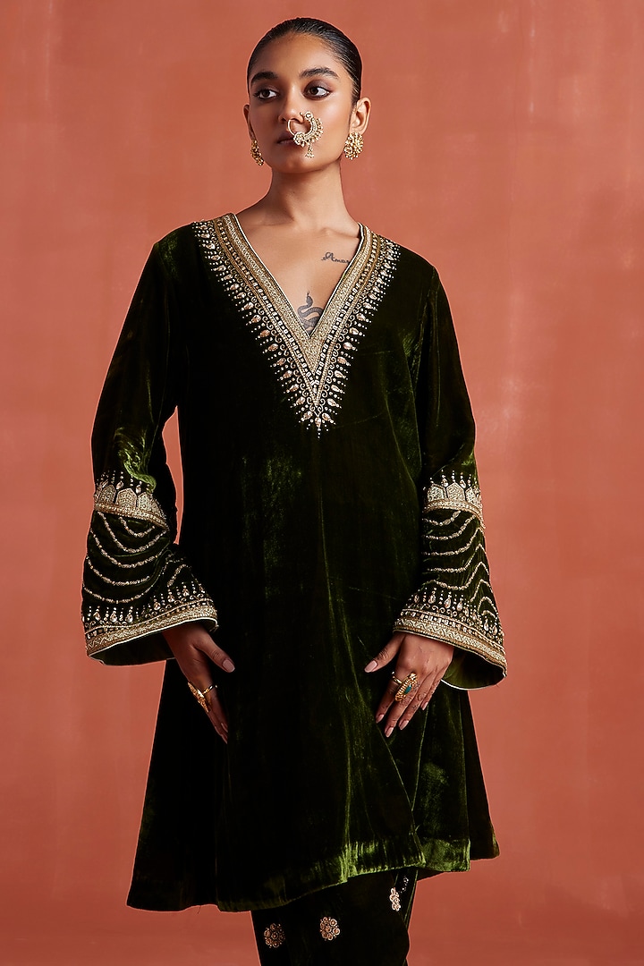 Dark Mehendi Green Silk Velvet Handwork A-Line Kurta Set by Sureena Chowdhri at Pernia's Pop Up Shop