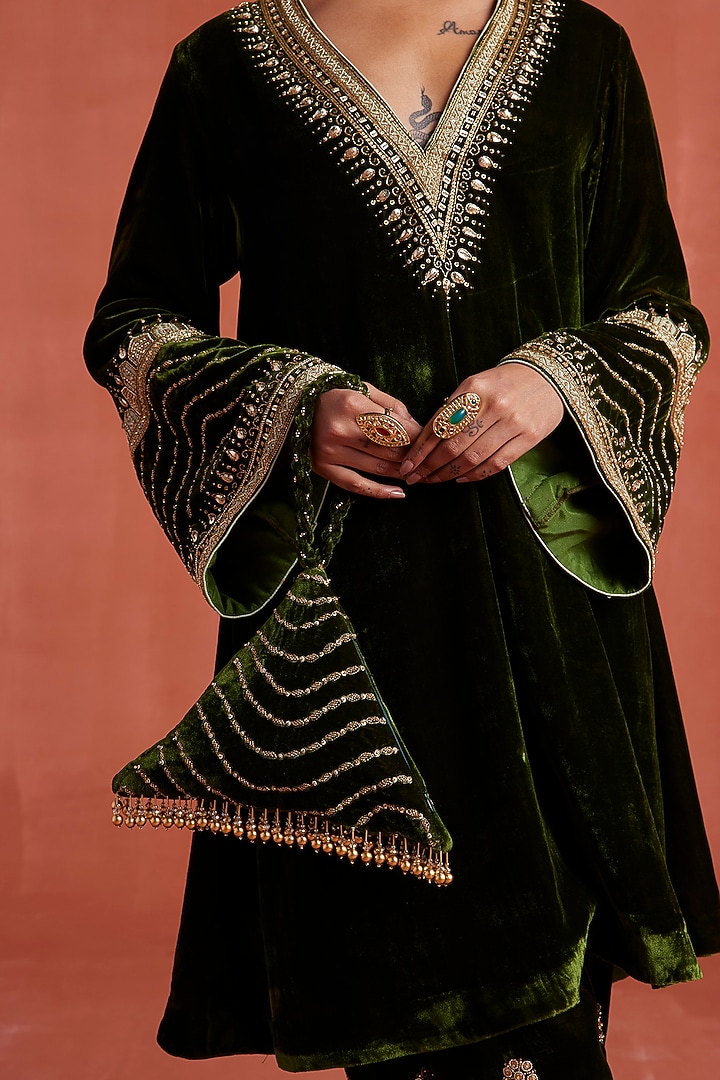 Dark Mehendi Green Silk Velvet Handwork A-Line Kurta Set by Sureena Chowdhri at Pernia's Pop Up Shop