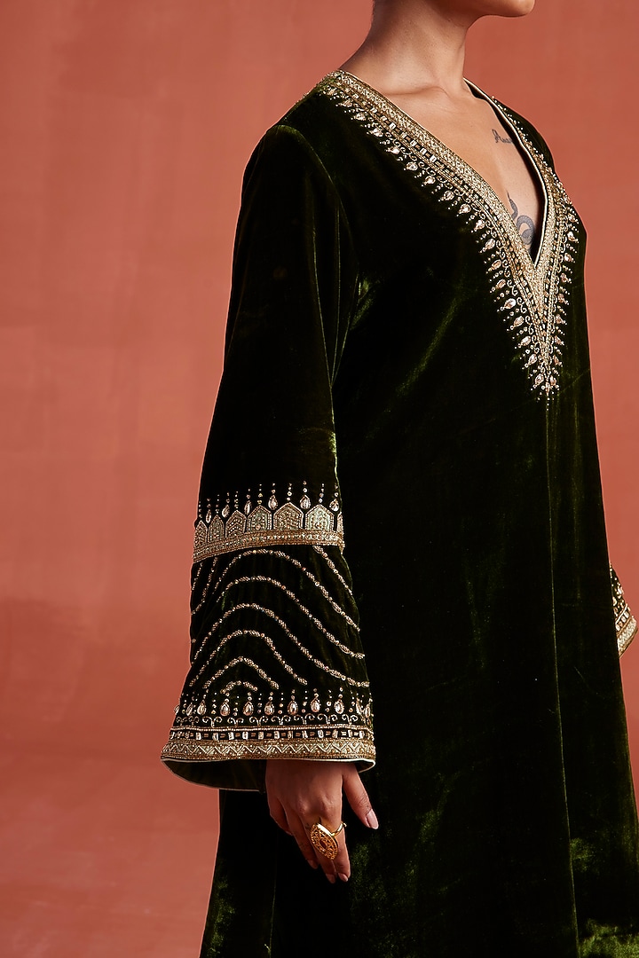 Dark Mehendi Green Silk Velvet Handwork A-Line Kurta Set by Sureena Chowdhri at Pernia's Pop Up Shop