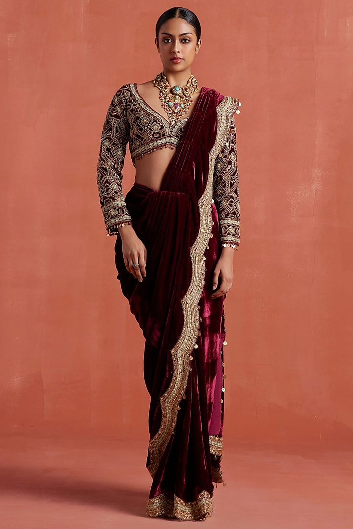 Burgundy Silk Velvet Pre-Stitched Saree Set by Sureena Chowdhri at Pernia's Pop Up Shop