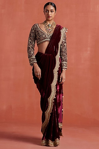 Burgundy Silk Velvet Pre-Stitched Saree Set by Sureena Chowdhri