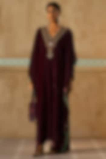 Wine Silk Velvet Zardosi Embroidered Kaftan by Sureena Chowdhri at Pernia's Pop Up Shop