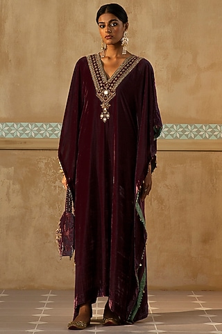 Wine Silk Velvet Zardosi Embroidered Kaftan by Sureena Chowdhri
