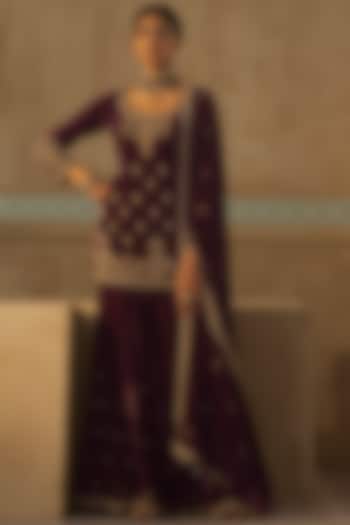 Wine Silk Velvet Zardosi Embroidered Gharara Set by Sureena Chowdhri