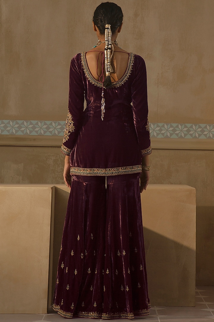 Wine Silk Velvet Zardosi Embroidered Gharara Set by Sureena Chowdhri at Pernia's Pop Up Shop