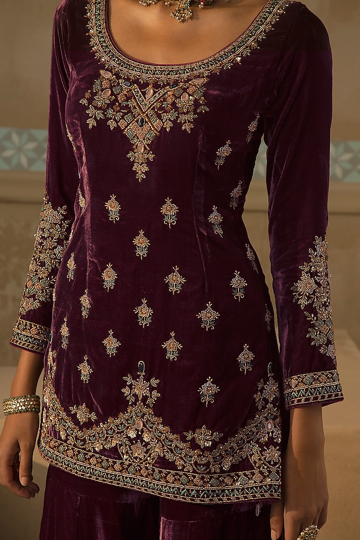 Wine Silk Velvet Zardosi Embroidered Gharara Set by Sureena Chowdhri at Pernia's Pop Up Shop