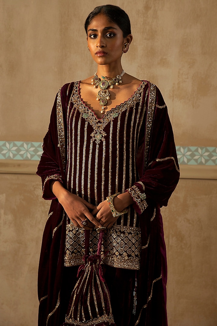 Mulberry Silk Velvet Resham Work Gharara Set by Sureena Chowdhri at Pernia's Pop Up Shop