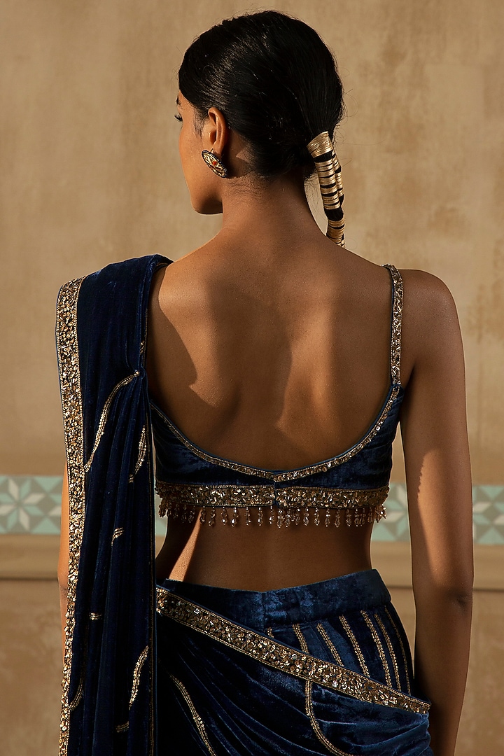 Peacock Blue Silk Velvet Bead Embroidered Draped Sharara Set by Sureena Chowdhri at Pernia's Pop Up Shop