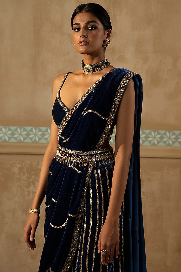 Peacock Blue Silk Velvet Bead Embroidered Draped Sharara Set by Sureena Chowdhri at Pernia's Pop Up Shop
