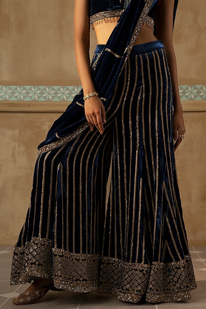 Peacock Blue Silk Velvet Bead Embroidered Draped Sharara Set by Sureena Chowdhri at Pernia's Pop Up Shop