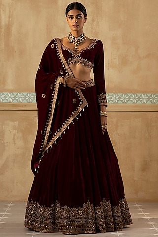 Burgundy Silk Velvet Cutdana Work Lehenga Set by Sureena Chowdhri